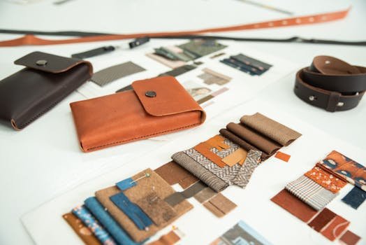Artistic layout of leather goods and fabric samples in a design workspace.